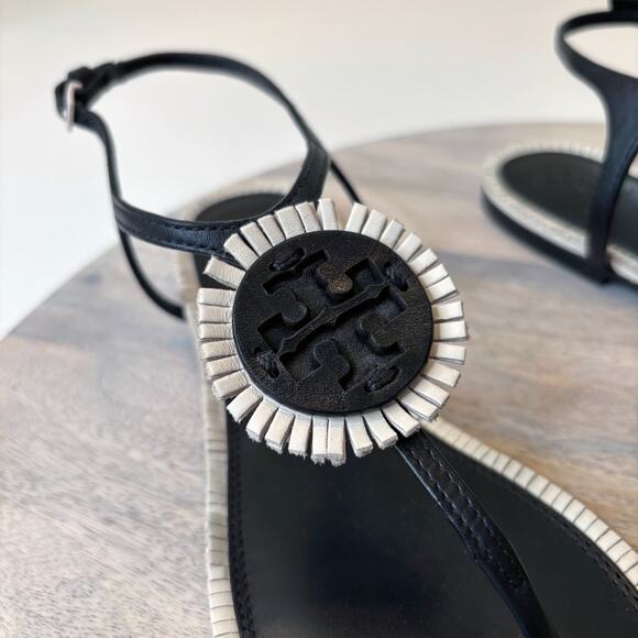 Tory Burch Miller Thong Sandals Black White Logo Leather Flip Flops Size 7M 7 M - Picture 4 of 8